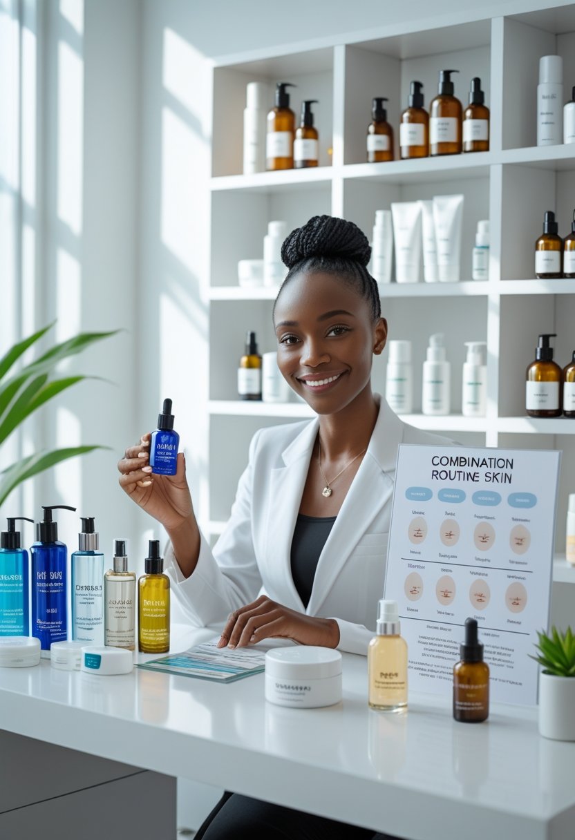 A skincare expert sitting at a desk with various skincare products, explaining a custom routine for combination skin.
